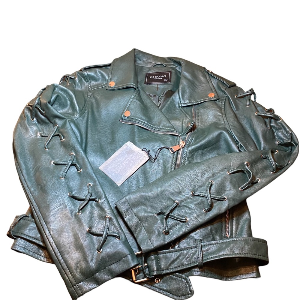 Cruelty-Free “Leather” Biker Moto Jacket Green Lace Up Sleeves Small Motorcycle
